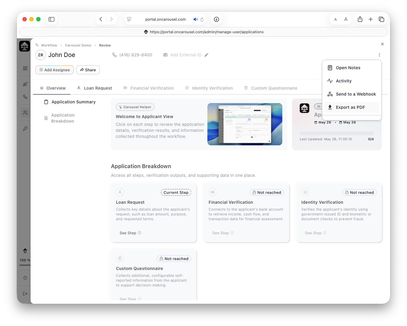 Carousel Portal — application review view with the export menu open