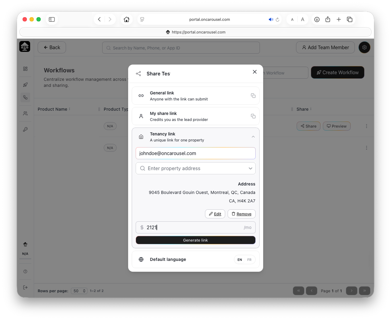 Carousel Portal — Share workflow modal