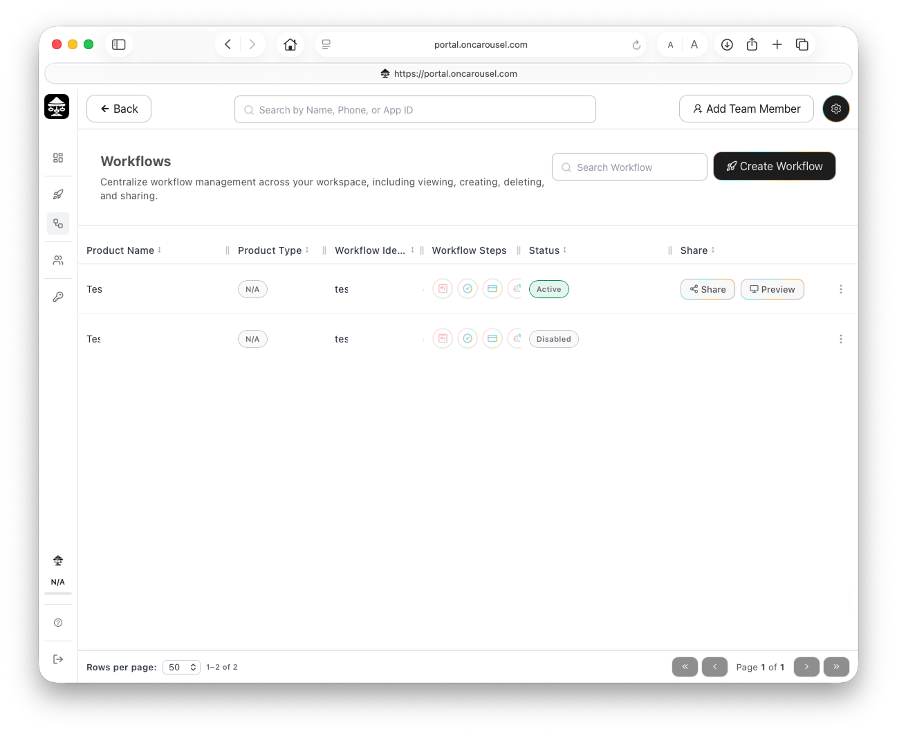 Carousel Portal — Workflows list